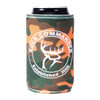 A camouflage drink holder featuring a circular logo and a dark beverage can inside.