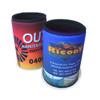 Two stubby holders featuring vibrant red, yellow, and blue designs, each with distinct branding and logos.