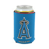 A drink bottle holder in blue featuring a logo, designed to fit a standard can.