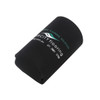 A foldable stubby holder in black with a logo, featuring a cylindrical shape and soft fabric.