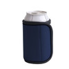 A drink bottle holder made of navy blue material with a grey trim, featuring a logo.