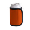An orange Velcro wrap stubby holder with a grey trim, holding a silver drink can.