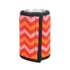 A drink bottle holder featuring a vibrant chevron pattern in red, orange, and pink, with black trim and a logo.