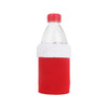 A drink bottle is encased in a red stubby holder with a white furry trim, resembling a Santa hat.