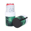 A drink bottle holder featuring green tropical leaves, with a white top resembling Santa's hat and a textured base.