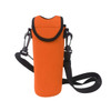 A drink bottle cooler in bright orange with a black strap and logo. Features a secure lid and durable design.