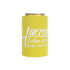 A drink bottle holder in bright yellow, featuring a logo and designed to fit standard cans.