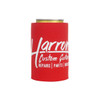 A red stubby holder featuring a logo, designed to fit drink cans.