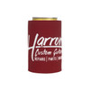 A drink bottle holder in maroon featuring white branding, designed to fit standard beverage cans.