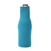 A drink bottle cooler in a vibrant teal colour, designed with a fitted zippered cover. Features a logo.