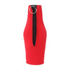 A drink bottle cooler in vibrant red with a zippered top and a metal ring for ease of handling.