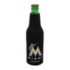 A drink bottle is wrapped in a black zippered cooler with a logo featuring multicoloured graphics.
