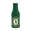 A green zippered bottle cooler featuring a logo, designed to fit a standard drink bottle.