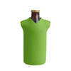 A drink bottle cooler in bright green with a V-neck design, featuring a bottle inside and a gold cap.