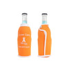 A drink bottle cooler in bright orange featuring a logo and a white accent, designed to fit standard beverage bottles.