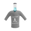 A drink bottle is enclosed in a grey bottle cooler shaped like a cricket jersey, featuring short sleeves and a logo.