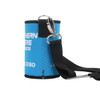 A drink bottle stubby holder in blue with a black strap and a metal clip, featuring a logo.