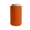 An orange drink bottle holder designed for cans, featuring a smooth, textured surface and a snug fit.