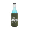 A drink bottle with a green skinny stubby holder featuring a logo and a light blue beverage inside.