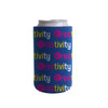 A drink bottle holder in navy blue featuring multi-coloured text and a logo design.
