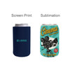 A drink bottle holder in navy blue, featuring a logo, displayed beside a colourful design for a cinema-themed holder.