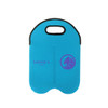 A drink bottle cooler in vibrant blue featuring a handle and a logo.