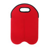 A drink bottle cooler in bright red with a black trim and a handle for easy carrying.
