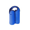 A drink bottle cooler in vibrant blue, featuring a twin design and a snap handle. It has a logo on one side.