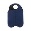 A drink bottle cooler in navy blue with a snap handle and a black accent. Features a smooth, flexible material.