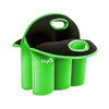 A drink bottle cooler with six compartments, featuring a vibrant green design and black accents, with two handles.