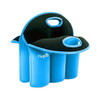 A drink bottle cooler in blue and black, featuring six compartments and handles for easy transport.