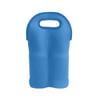 A drink bottle carrier in blue, designed to hold two beer bottles, featuring a handle for easy transport.
