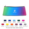 A neoprene pencil case featuring a gradient of blue, purple, and pink, with a logo on one side.