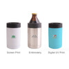 A stainless steel stubby holder in silver, with a drink bottle inside, flanked by two other coloured holders.