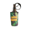 A drink bottle holder with a lanyard in green and yellow, featuring a tropical leaf design and a logo.