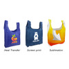 Three reusable foldaway shopping bags in blue, orange, and yellow, featuring various prints and a branding logo on each.