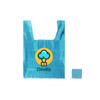 A blue reusable foldaway shopping bag with a logo printed on the front and a matching compact storage pouch.