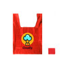 A red reusable foldaway shopping bag featuring a logo with a cloud and cross design.