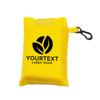 A compact yellow foldaway shopping bag with a clip, featuring a logo on the front.