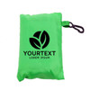 A green foldaway shopping bag with a clip, packed neatly in its own pouch. It features a logo on the front.