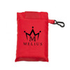 A red foldaway shopping bag with a clip and a logo of a crown and text on the front.