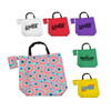 A foldaway shopping bag collection featuring patterns and colours like pink, white, red, purple, and green, with clips.