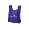 A purple foldaway shopping tote bag featuring a logo, designed for easy storage and transport.