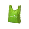 A green foldaway shopping tote bag with a logo on the front. The bag is lightweight and compact.