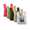 A collection of foldaway shopping tote bags in red, green, black, beige, and white, featuring a panda design.
