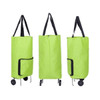 A bright green collapsible shopping trolley bag with black straps and a side pocket, featuring wheels for easy transportation.