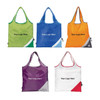 Five foldaway shopping bags in green, blue, orange, purple, and white, each featuring a logo.