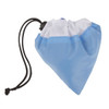 A foldable shopping bag in blue and white, secured with a black drawstring, designed for compact storage.