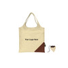 A cream reusable shopping bag with a brown corner, featuring a logo and a small pouch for storage.