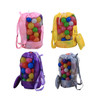 A foldable mesh drawstring backpack in pink, yellow, purple, and grey, filled with colourful balls. Features a logo.